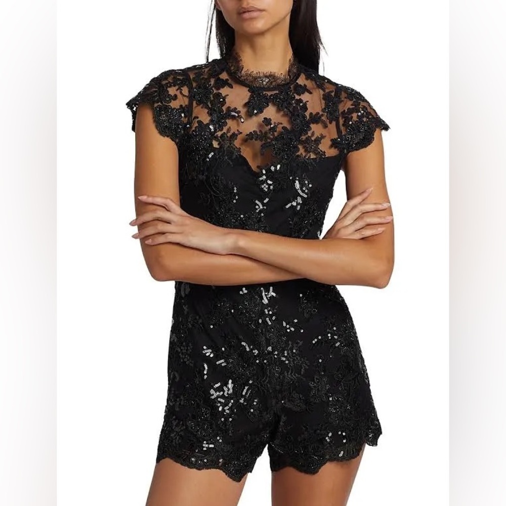Alice + Olivia Women's Alaina Sequined Lace-Trim Romper